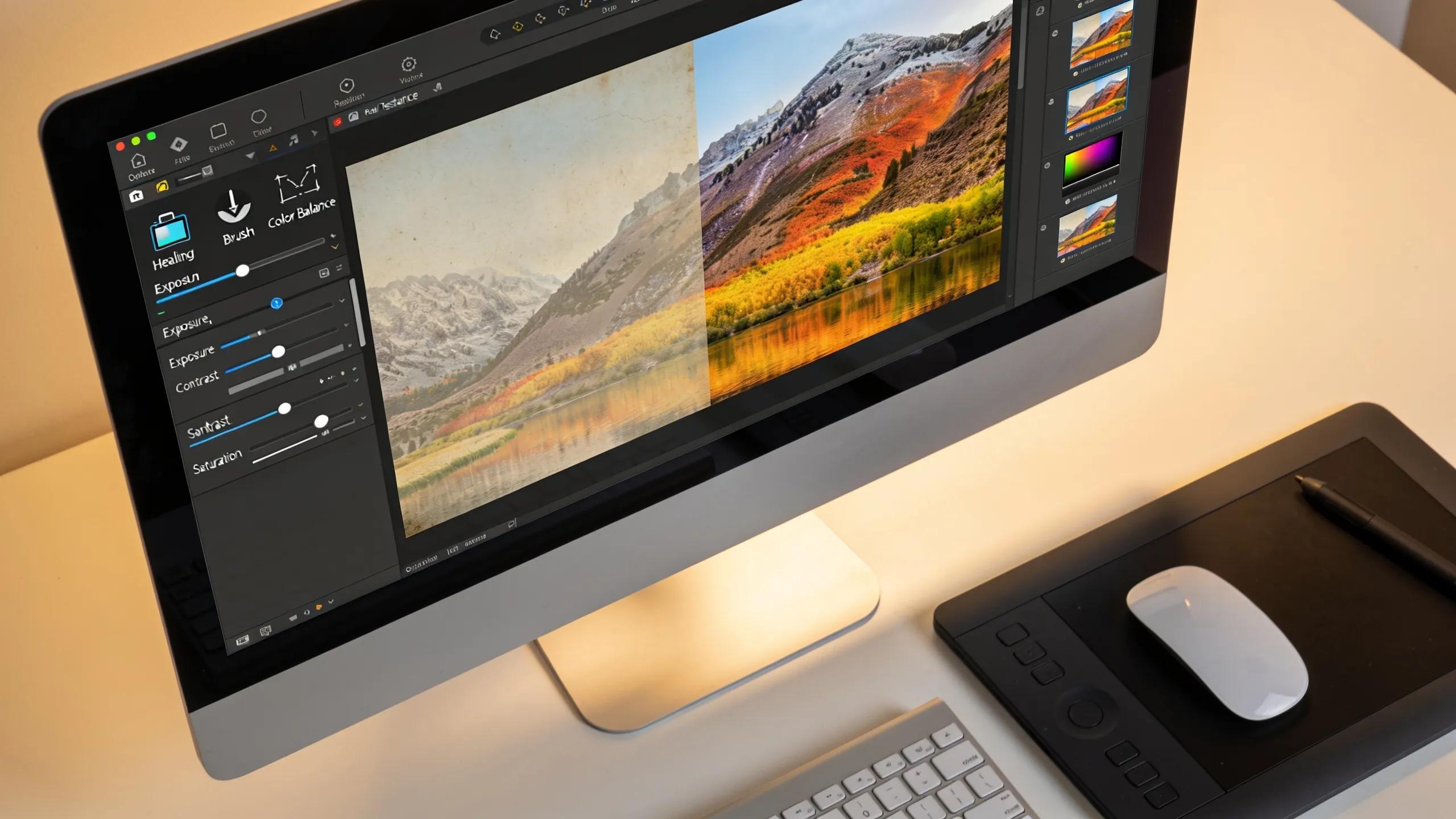 Computer screen displaying photo restoration software interface with an image being edited